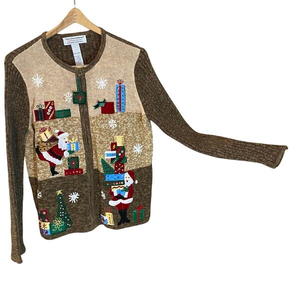 VTG Tiara International Santa Gifts Christmas zip Cardigan Sweater Medium Brown - Picture 2 of 7